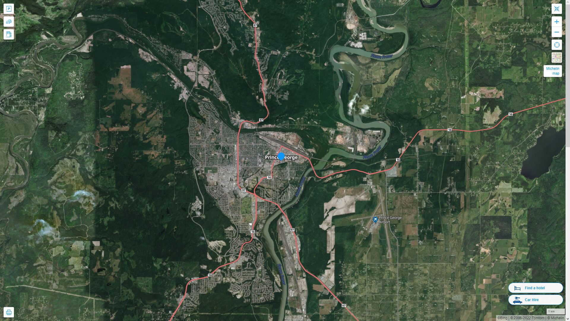 Prince George Canada Autoroute et carte routiere avec vue satellite